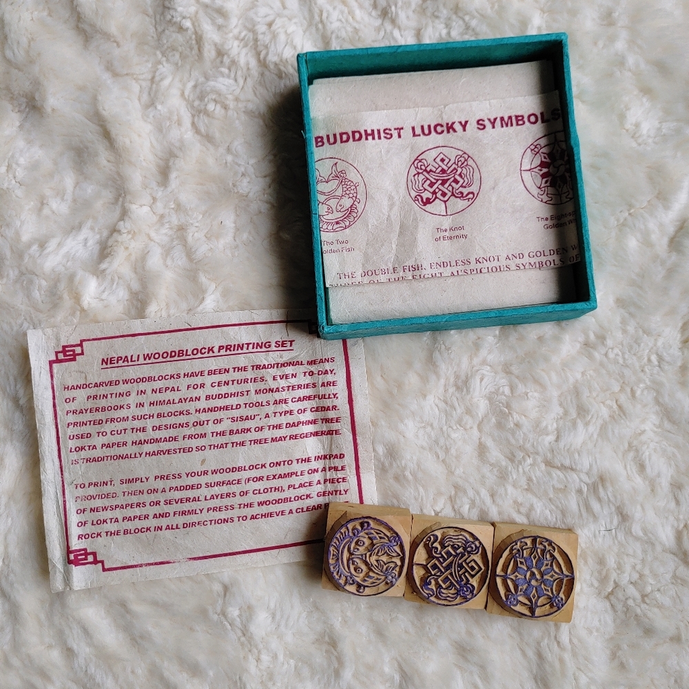 Vintage Nepali Woodblock Printing Set Buddhist Symbols Stamps